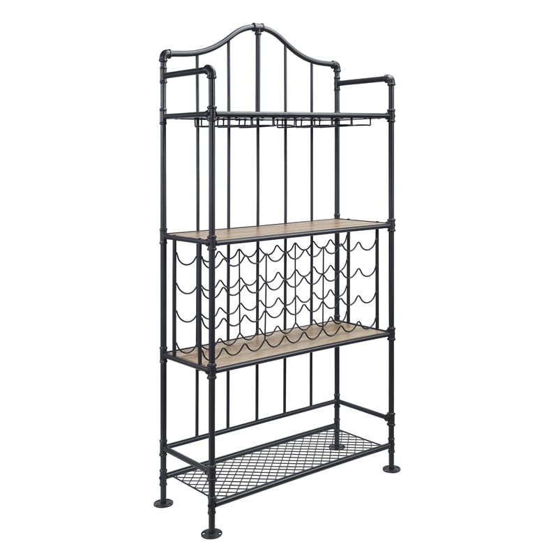 Home Square 2-Piece Set with 3 Drawer Server and Metal Frame Wine Shelf in Oak