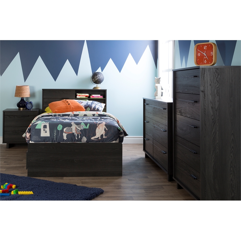 Home Square 2-Piece Set with Bed with Bookcase and Nightstand in Gray Oak