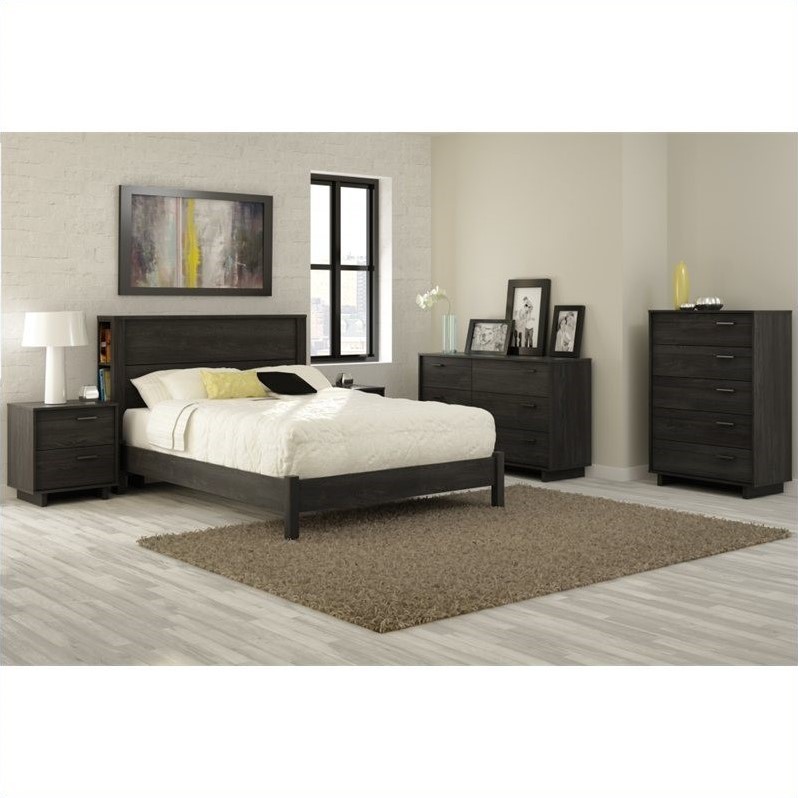 Home Square 2-Piece Set with Bed with Bookcase and Nightstand in Gray Oak