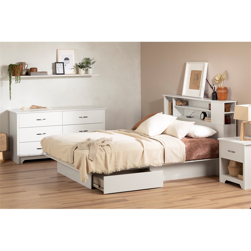 Home Square 2-Piece Set with Platform Bed & Queen Bookcase Headboard in White