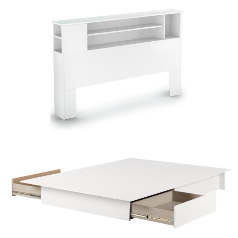Home Square 2-Piece Set with Platform Bed & Queen Bookcase Headboard in White