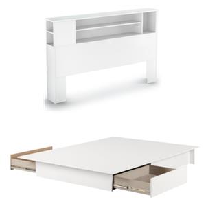 Home Square 2-Piece Set with Platform Bed & Queen Bookcase Headboard in White