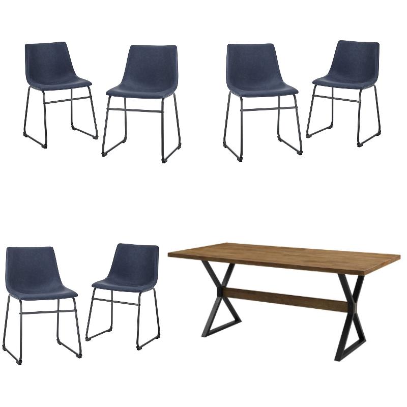 Home Square 7-Piece Traditional Solid Wood & Faux Leather Dining Set in Oak/Blue