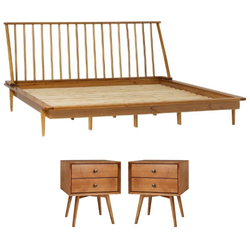 Home Square 3-Piece Set with Platform Bed and 2 Nightstands in Caramel