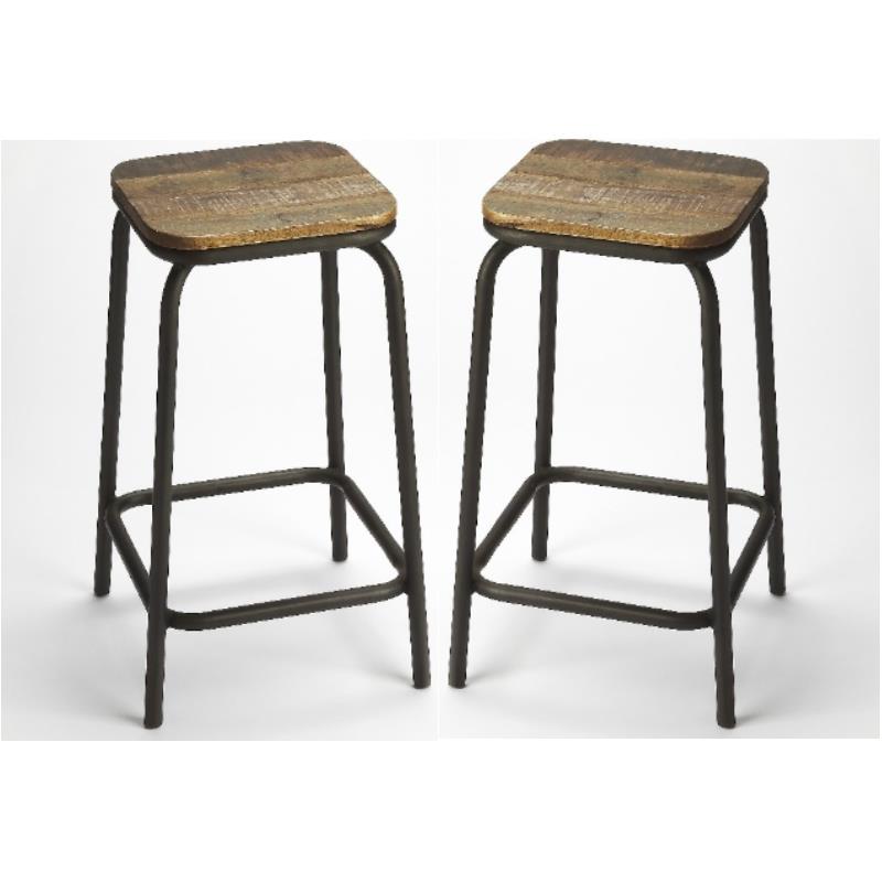 Home Square Iron and Wood Square Bar Stool in Natural - Set of 2