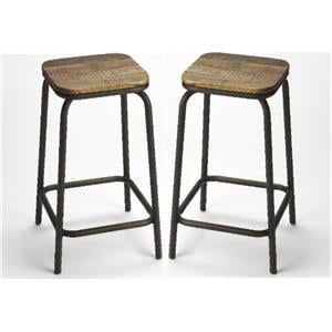 Home Square Iron and Wood Square Bar Stool in Natural - Set of 2