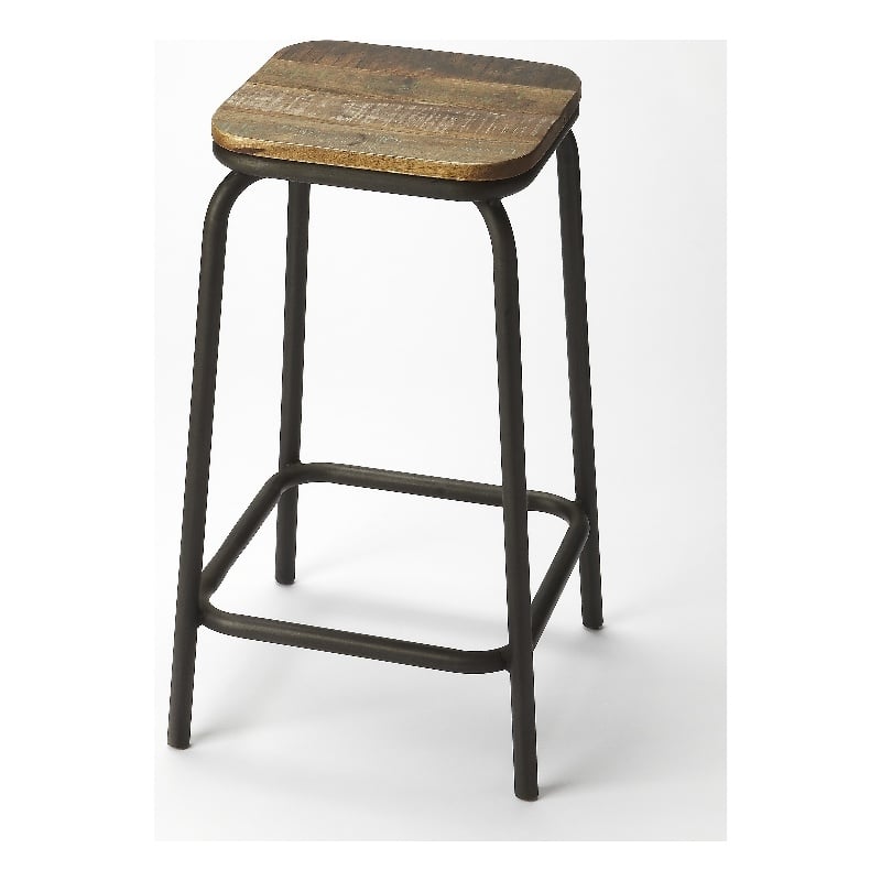Home Square Iron and Wood Square Bar Stool in Natural - Set of 3