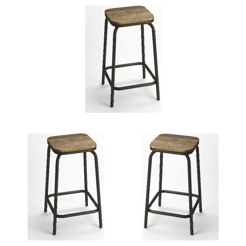 Home Square Iron and Wood Square Bar Stool in Natural - Set of 3