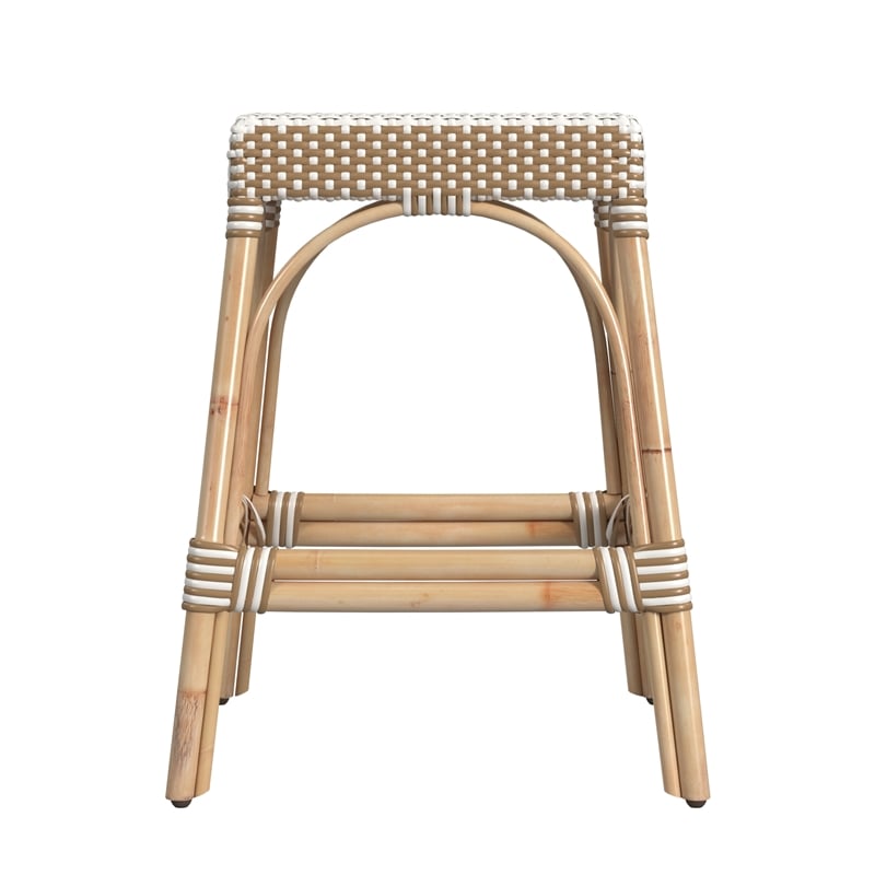 Home Square Rattan Counter Stool in Tan & White Stripe - Set of 2