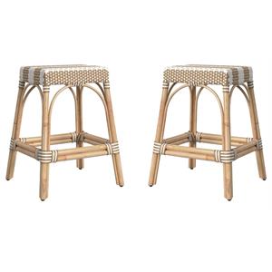 Home Square Rattan Counter Stool in Tan & White Stripe - Set of 2