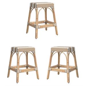 Home Square Rattan Counter Stool in Tan & White Stripe - Set of 3