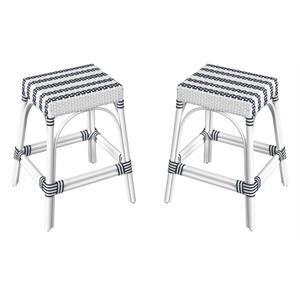 Home Square 24.5&quot Rattan Counter Stool in White & Navy Stripe - Set of 2