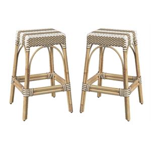 Home Square 30&quot Rectangular Rattan Bar Stool in Tan & White - Set of 2