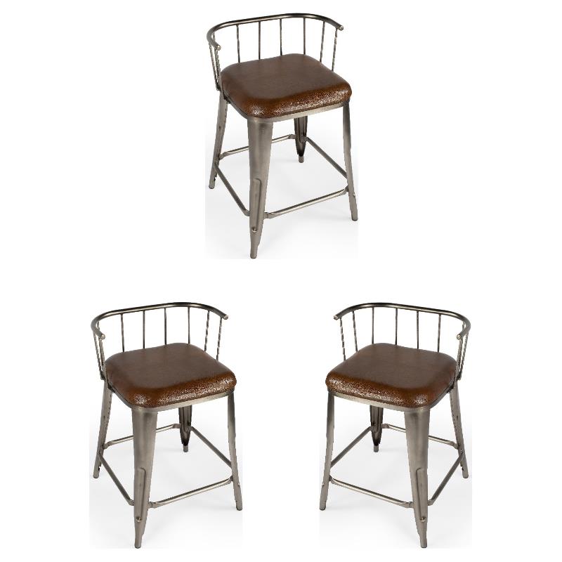Home Square Iron & Leather Counter Stool in Brown Finish - Set of 3