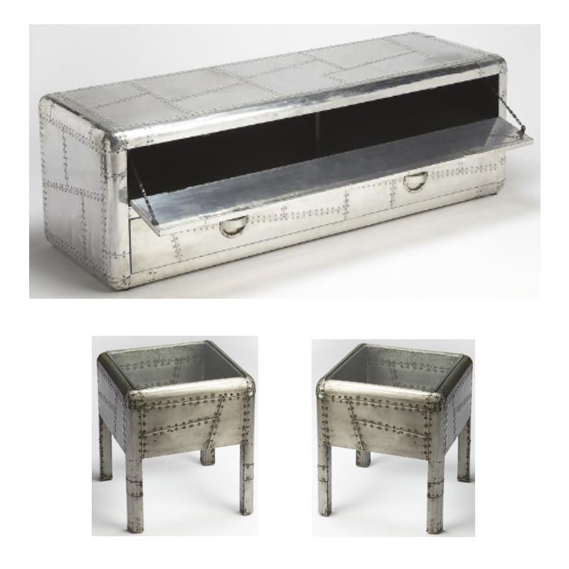 Home Square 3-Piece Set with Entertainment Console and 2 End Tables in Gray