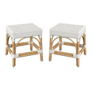 Home Square 18&quot Rattan Rectangular Dining Stool in White - Set of 2