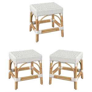 Home Square 18&quot Rattan Rectangular Dining Stool in White - Set of 3