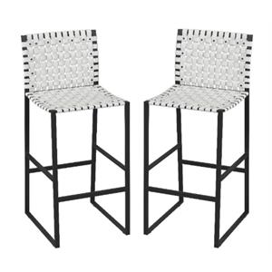 Home Square 28&quot Woven Leather Rectangular Barstool in White - Set of 2