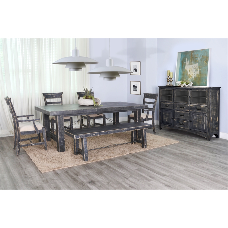 Home Square 7-Piece Set with Dining Table & 4 Dining Chairs & Bench & Server