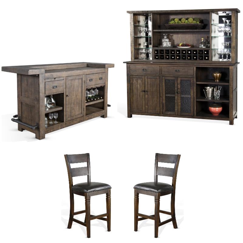 Home Square 4-Piece Set with Bar Unit & Hutch & 2 Ladderback Barstools