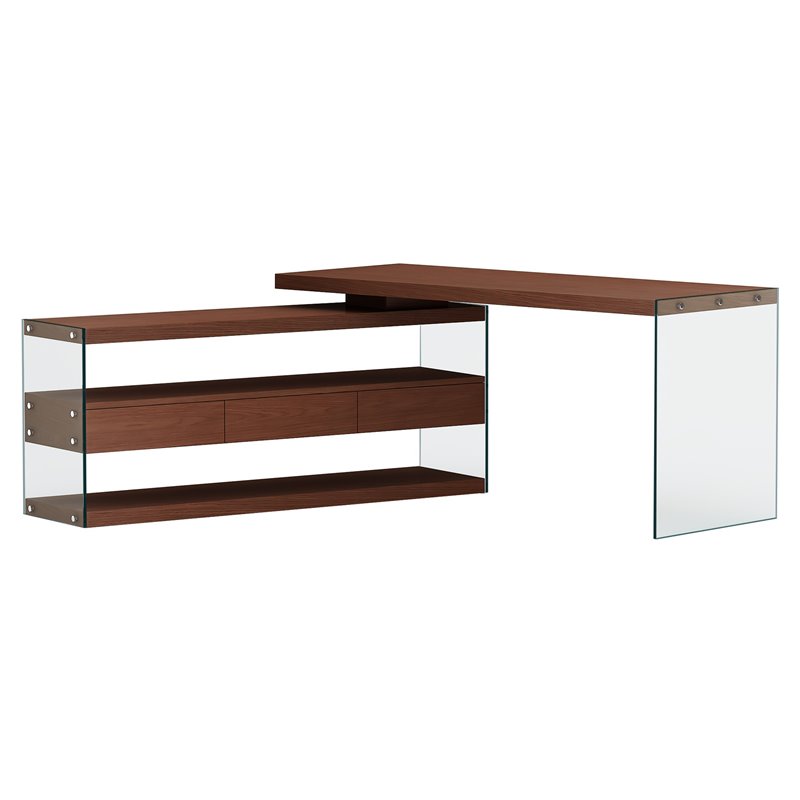 Home Square 2-Piece Set with Glass Rotatable Desk and Bookcase in Clear & Walnut
