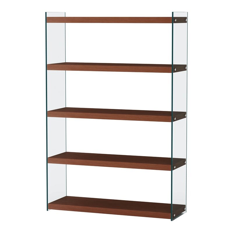 Home Square 2-Piece Set with Glass Rotatable Desk and Bookcase in Clear & Walnut