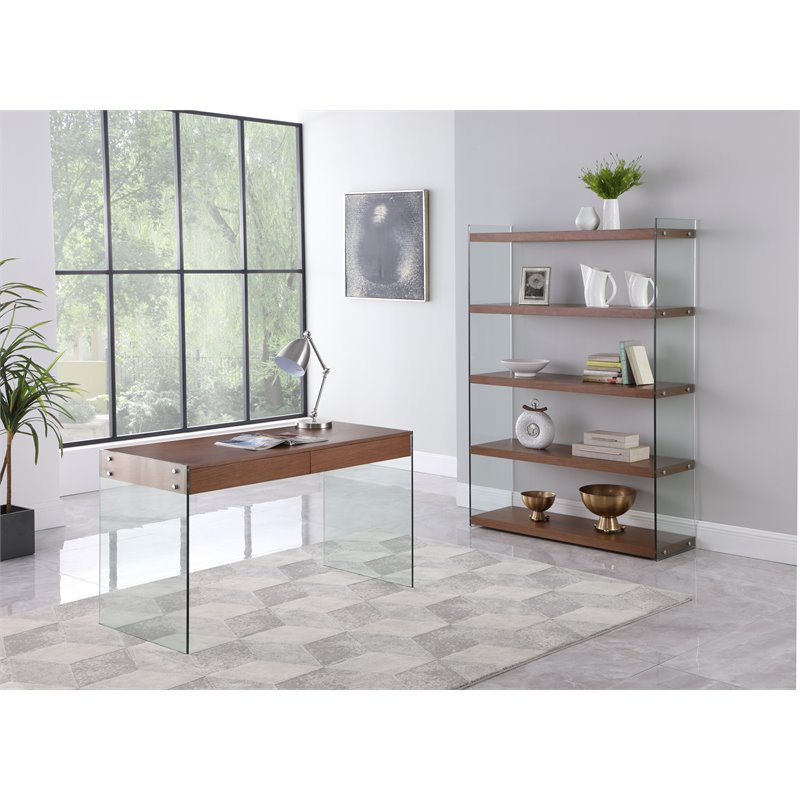 Home Square 2-Piece Set with Glass Rotatable Desk and Bookcase in Clear & Walnut