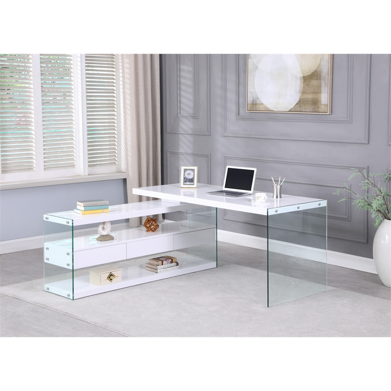Home Square 2-Piece Set with Wood and Glass Rotatable Desk and Bookcase