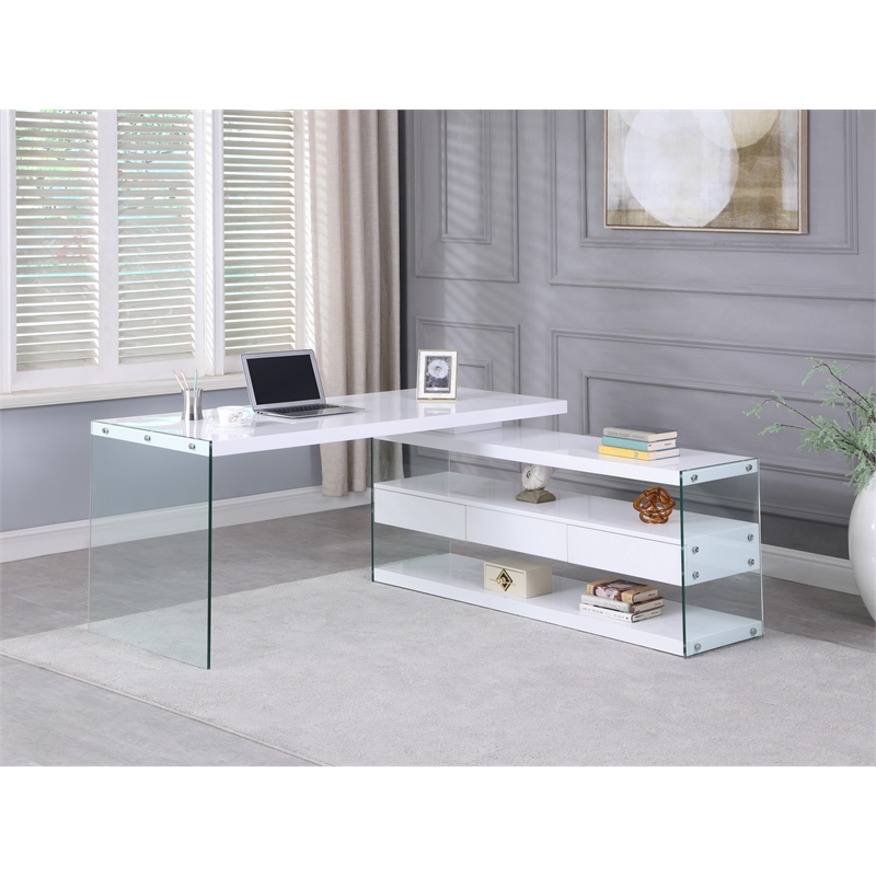 Home Square 2-Piece Set with Wood and Glass Rotatable Desk and Bookcase