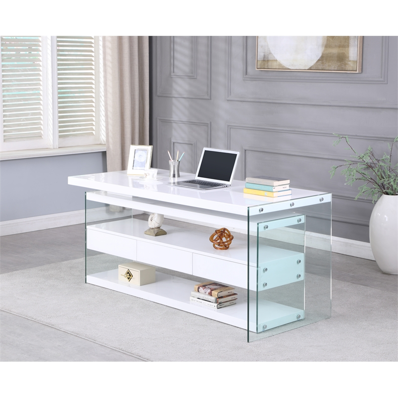 Home Square 2-Piece Set with Wood and Glass Rotatable Desk and Bookcase