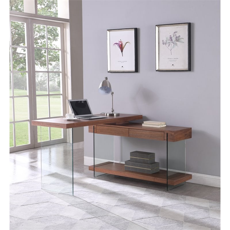 Home Square 2-Piece Set with Rotatable Desk and Bookcase in in Clear & Walnut