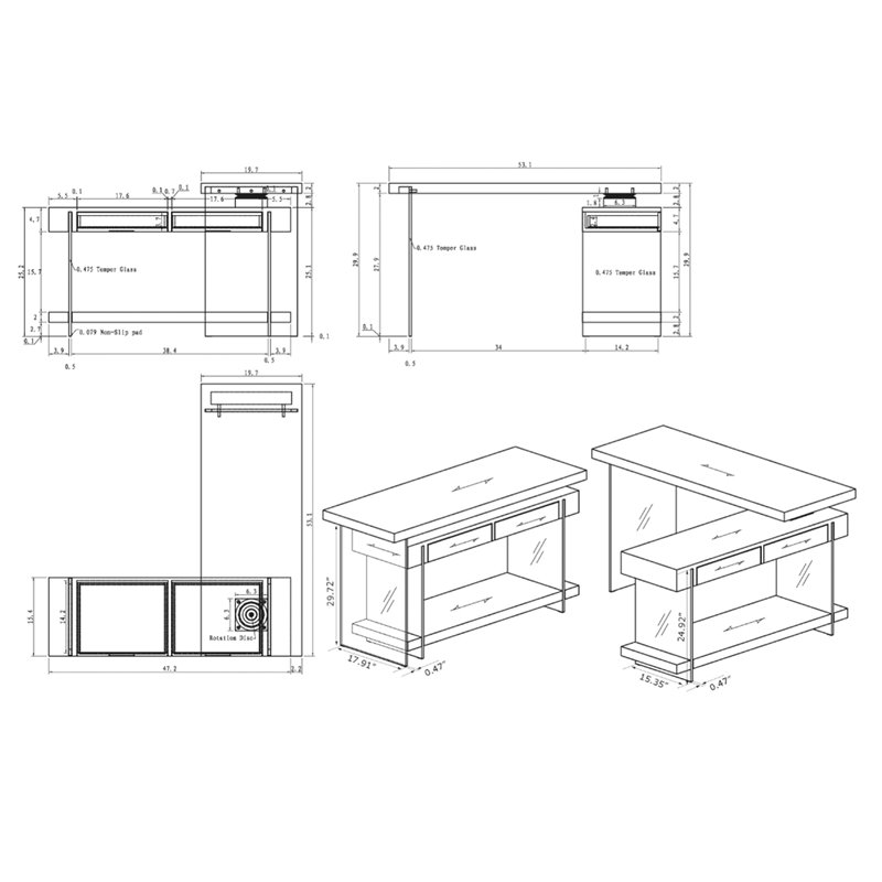 Home Square 2-Piece Set with Rotatable Desk and Bookcase in Clear & White