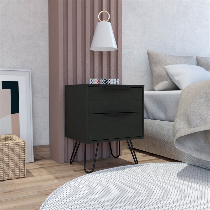 Home Square Modern Metal Bedroom Nightstand with 2-Drawer in Black - Set of 2