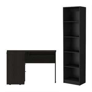 Home Square 2-Piece Set with L-Shaped Desk and Slim Bookcase in Black