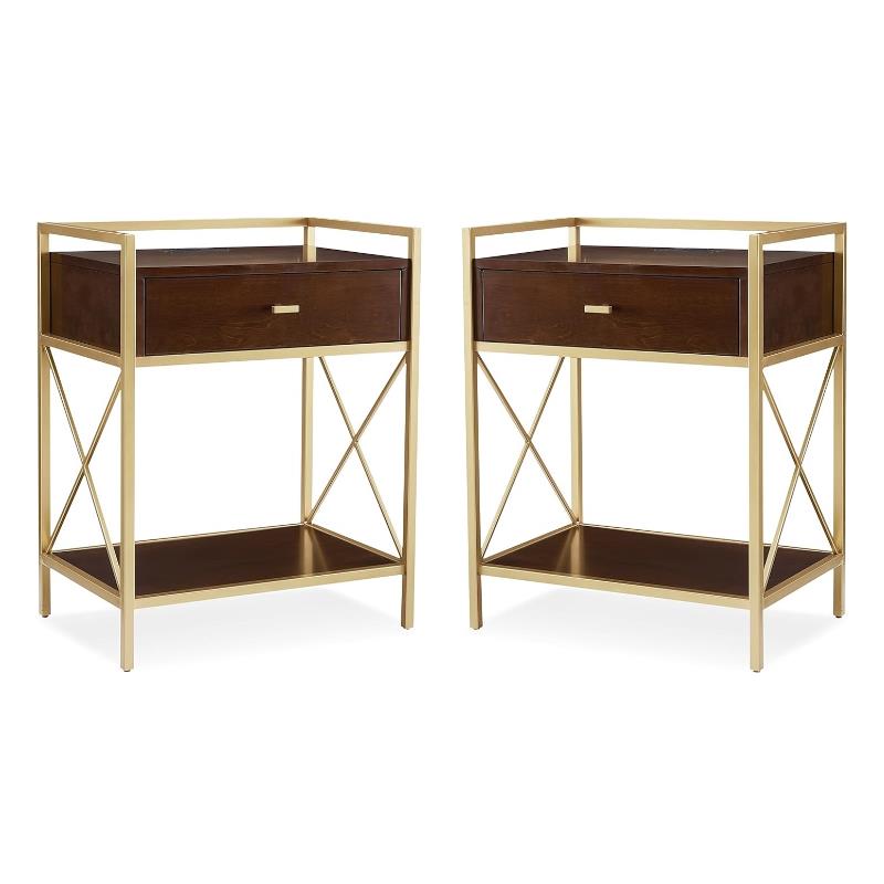 Home Square Nightstand with Top AC USB Charging in Walnut Brown - Set of 2