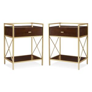 Home Square Nightstand with Top AC USB Charging in Walnut Brown - Set of 2