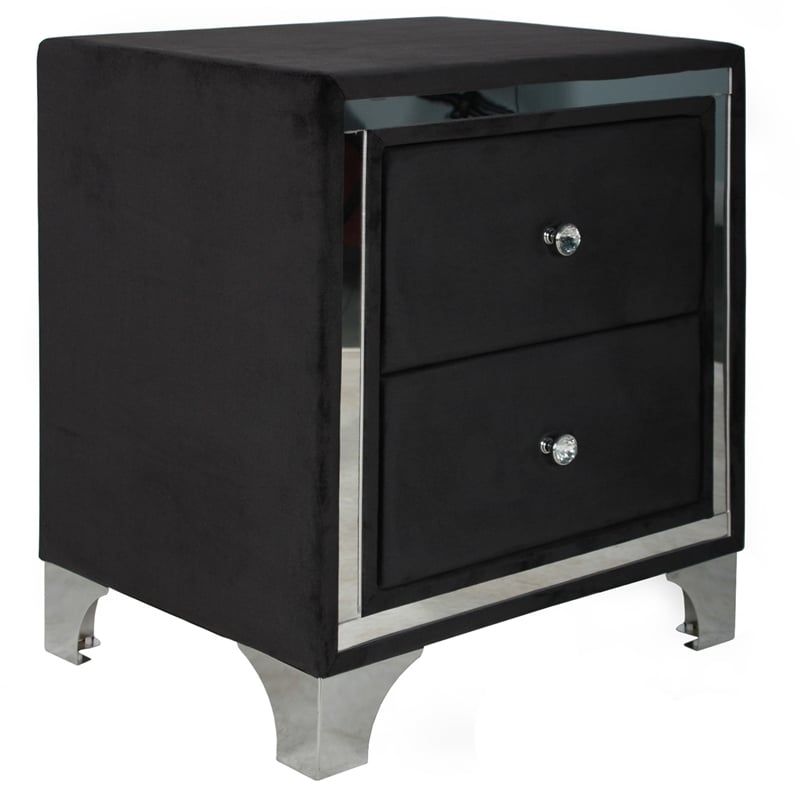 Home Square Velvet Upholstered 2 Drawer Nightstand in Black Finish - Set of 2