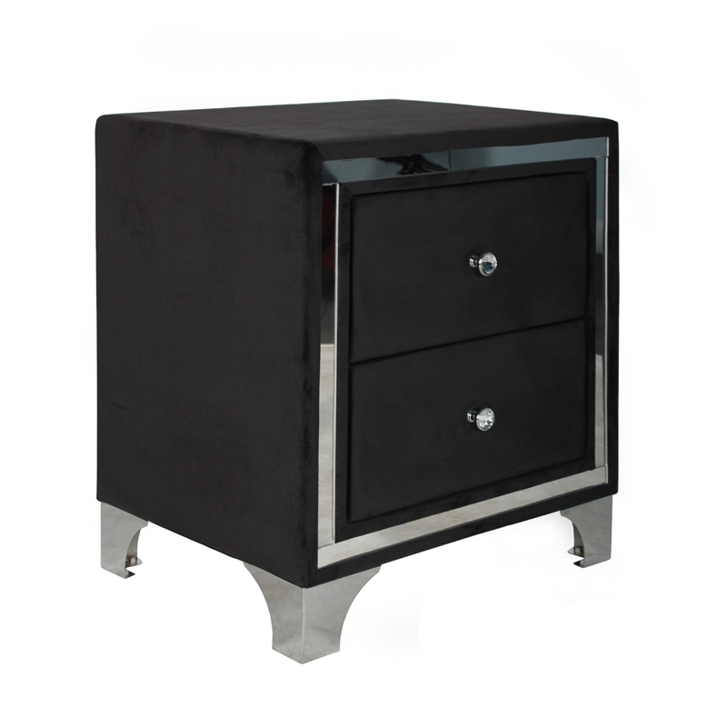 Home Square Velvet Upholstered 2 Drawer Nightstand in Black Finish - Set of 2