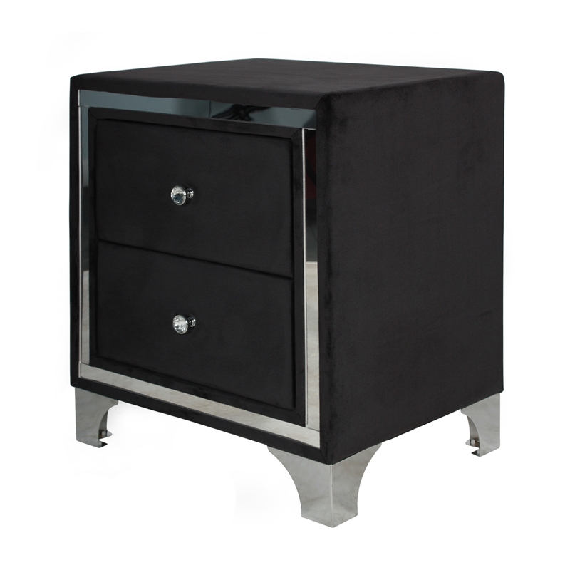 Home Square Velvet Upholstered 2 Drawer Nightstand in Black Finish - Set of 2