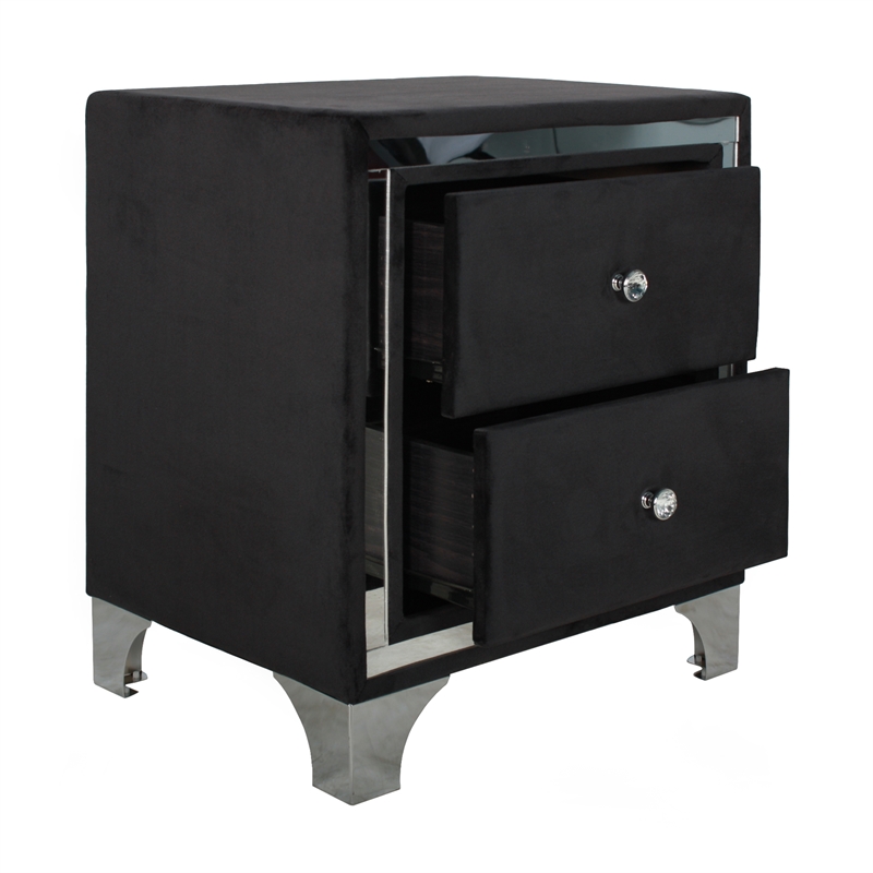 Home Square Velvet Upholstered 2 Drawer Nightstand in Black Finish - Set of 2