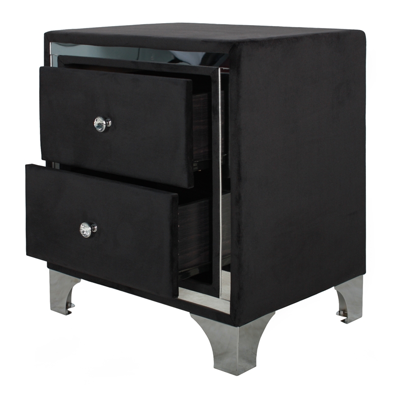Home Square Velvet Upholstered 2 Drawer Nightstand in Black Finish - Set of 2