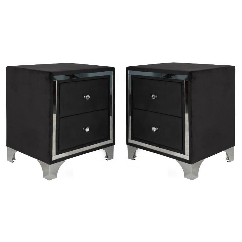 Home Square Velvet Upholstered 2 Drawer Nightstand in Black Finish - Set of 2