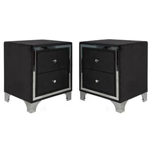 Home Square Velvet Upholstered 2 Drawer Nightstand in Black Finish - Set of 2