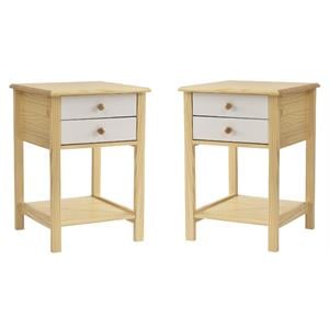 Home Square Solid Pine Wood 2 Drawer Nightstand in White & Natural - Set of 2