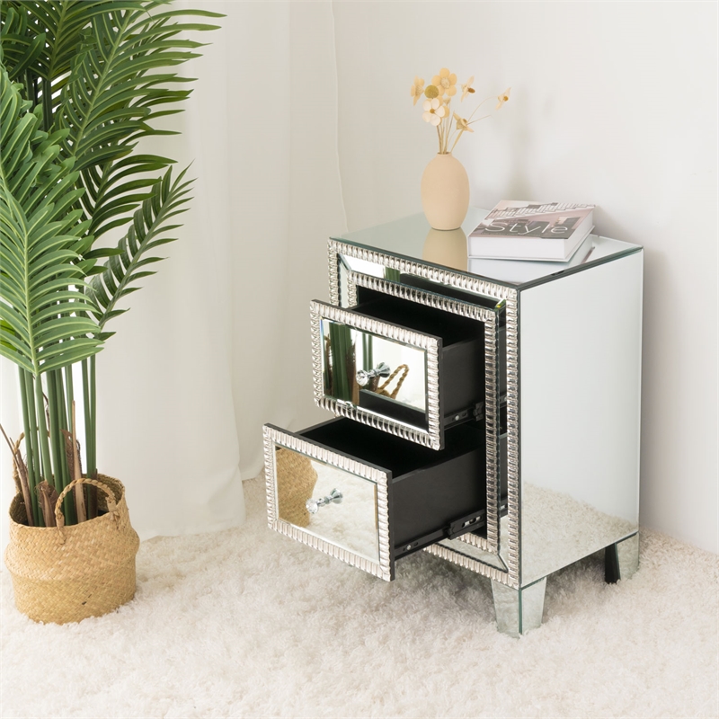 Home Square Modern 2 Drawers Nightstand in Mirrored - Set of 2