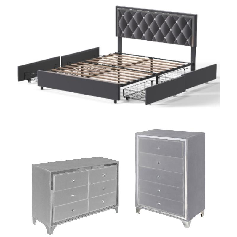 Home Square 3-Piece Set with 5 Drawer Chest & Dresser & Full Size Bed in Gray