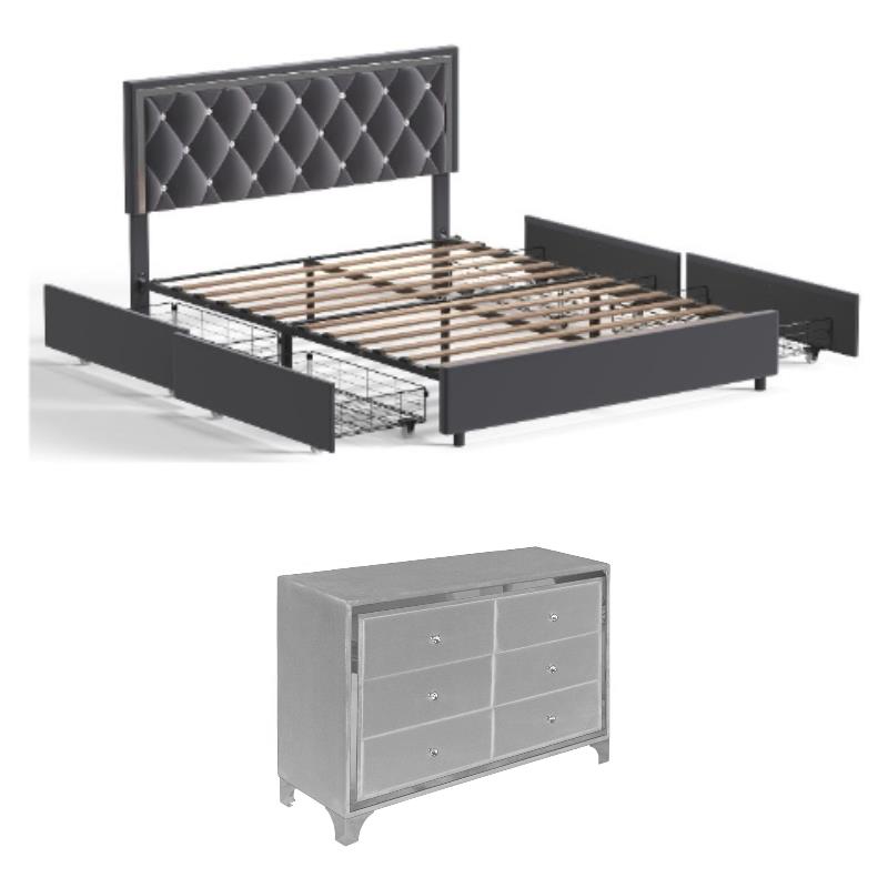 Home Square 2-Piece Set with Double Dresser & Full Size Platform Bed in Gray