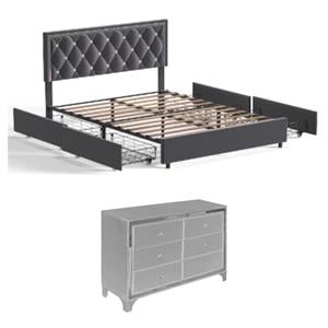 Home Square 2-Piece Set with Double Dresser & Queen Size Platform Bed in Gray