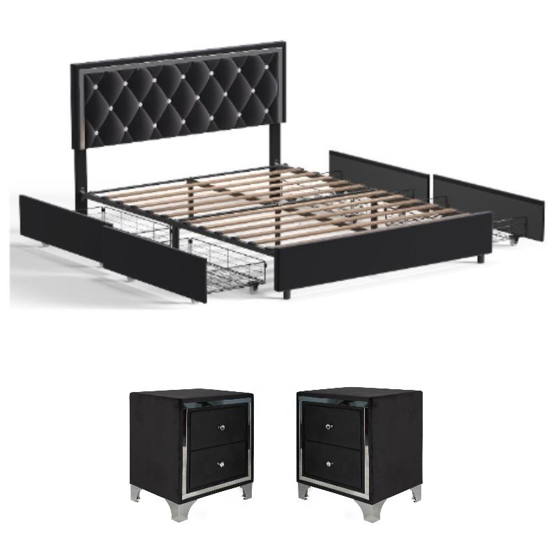 Home Square 3-Piece Set with Platform Full Bed & 2 Nightstands in Black