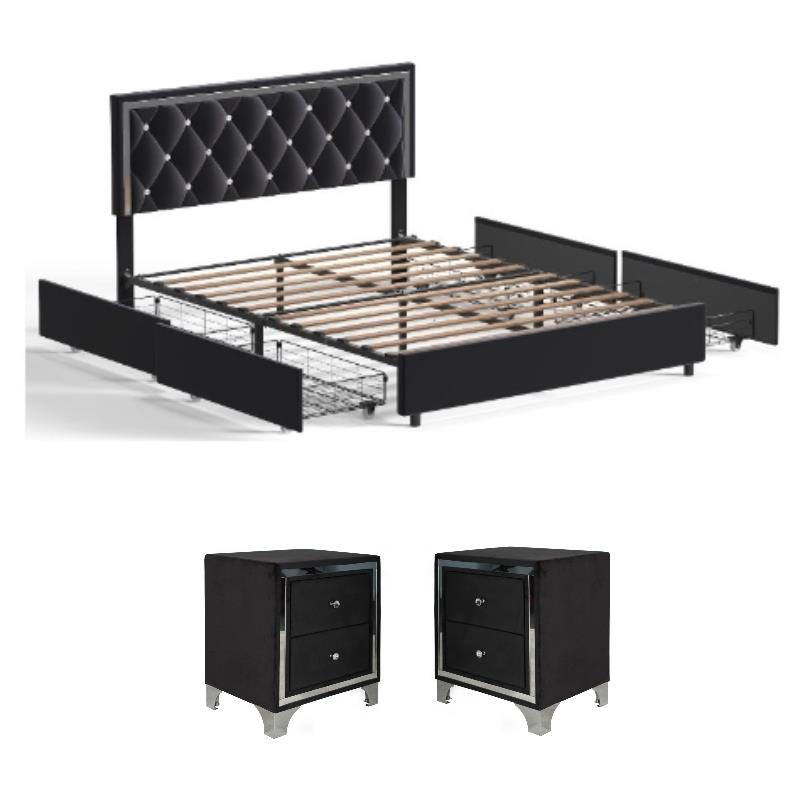 Home Square 3-Piece Set with Platform Queen Bed & 2 Nightstands in Black